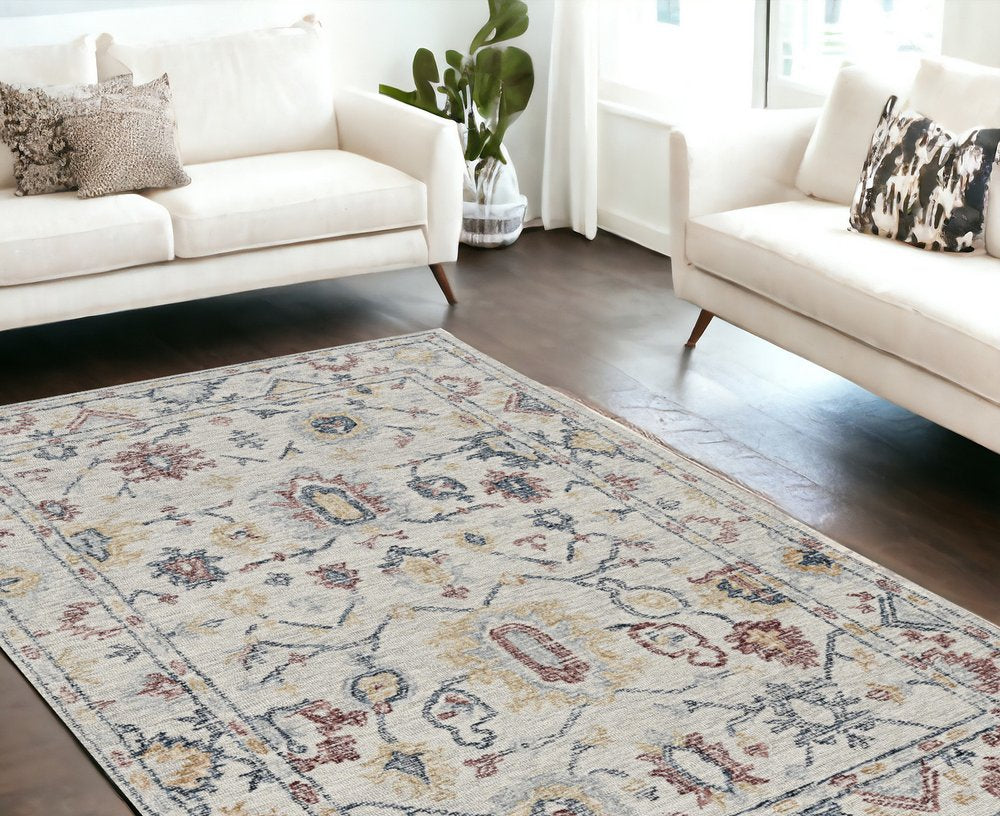 9' X 13' Ivory Gray And Red Wool Medallion Hand Tufted Area Rug