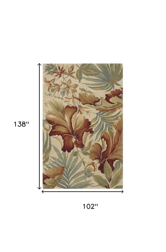 9' X 12' Ivory Green And Red Wool Tropical Botanical Hand Tufted Area Rug