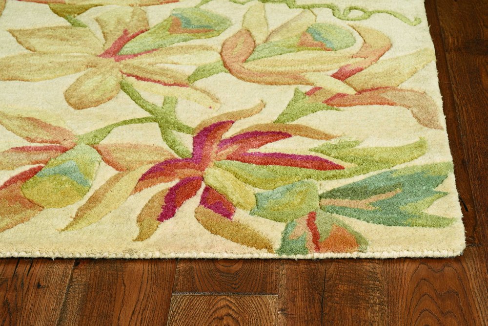 9' X 12' Ivory Green And Red Wool Tropical Botanical Hand Tufted Area Rug