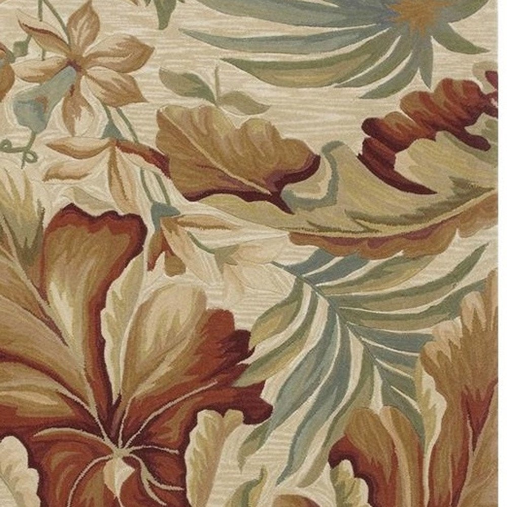 9' X 12' Ivory Green And Red Wool Tropical Botanical Hand Tufted Area Rug
