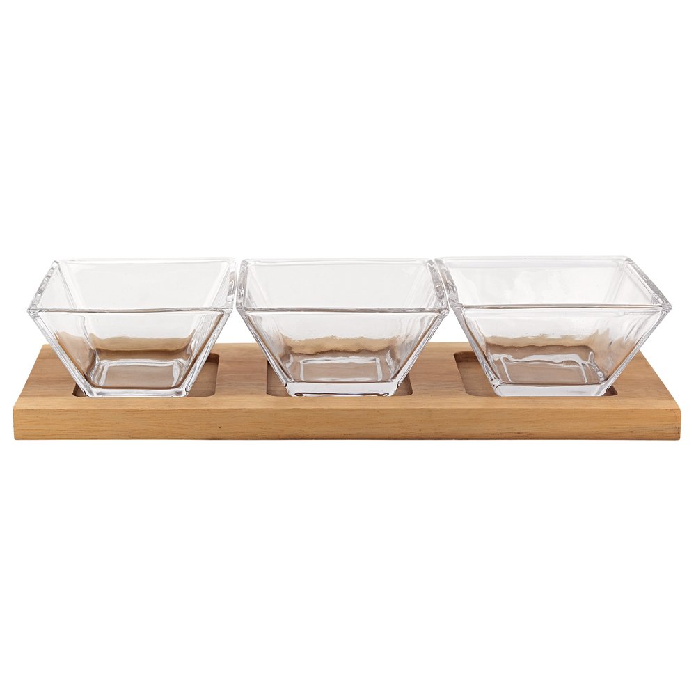 Juego de 4 piezas de cristal soplado para anfitriona con 3 cuencos de vidrio para condimentos o salsas en bandeja de madera.