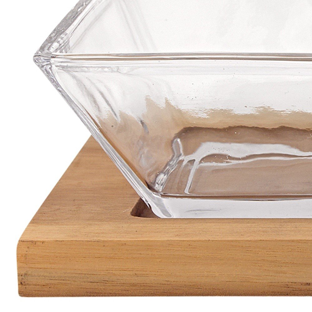 Juego de 4 piezas de cristal soplado para anfitriona con 3 cuencos de vidrio para condimentos o salsas en bandeja de madera.