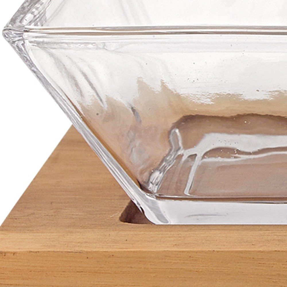 Juego de 4 piezas de cristal soplado para anfitriona con 3 cuencos de vidrio para condimentos o salsas en bandeja de madera.