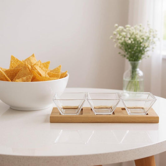 Juego de 4 piezas de cristal soplado para anfitriona con 3 cuencos de vidrio para condimentos o salsas en bandeja de madera.