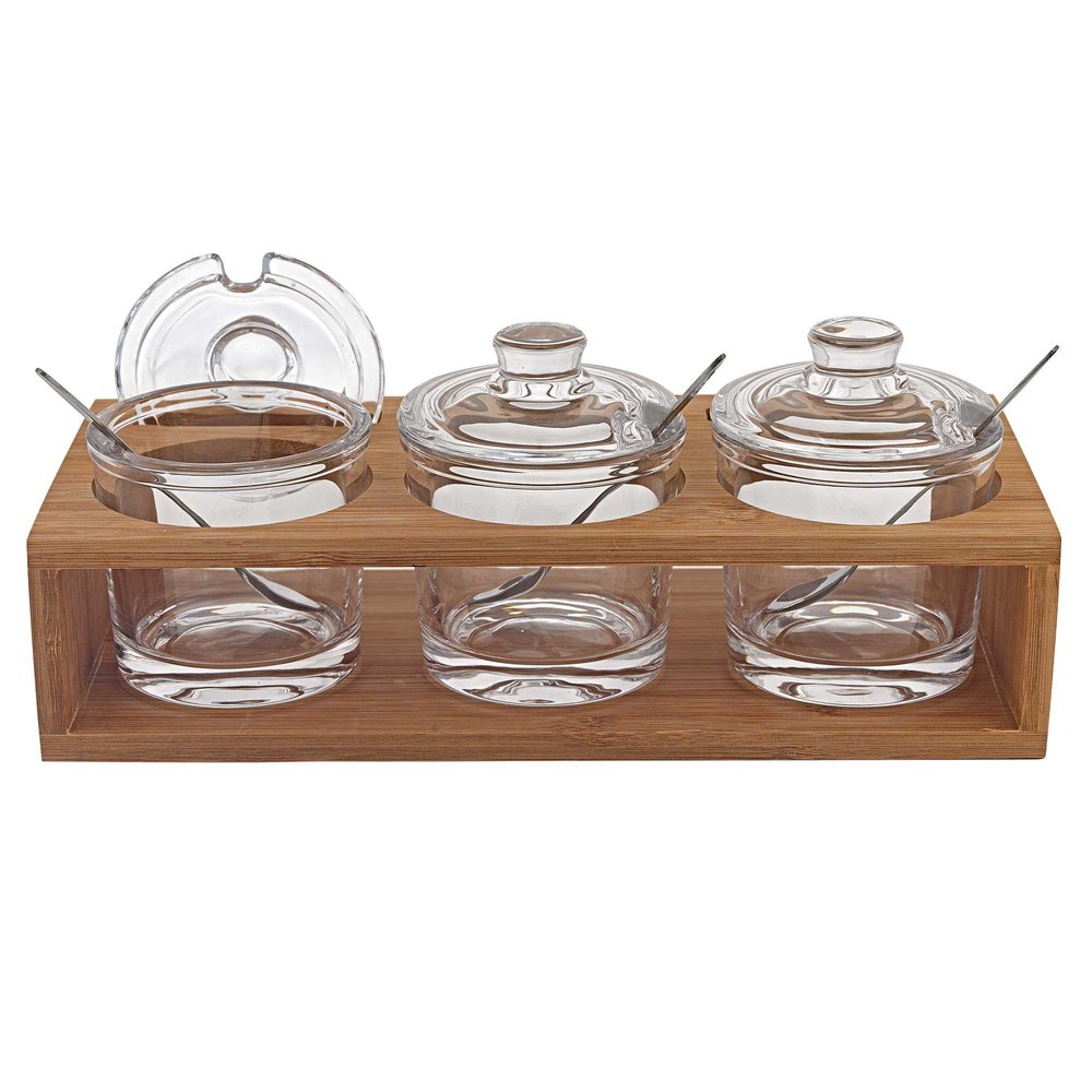 Juego de 6 mermeladas de cristal soplado con 3 frascos de vidrio y cucharas en un soporte de madera