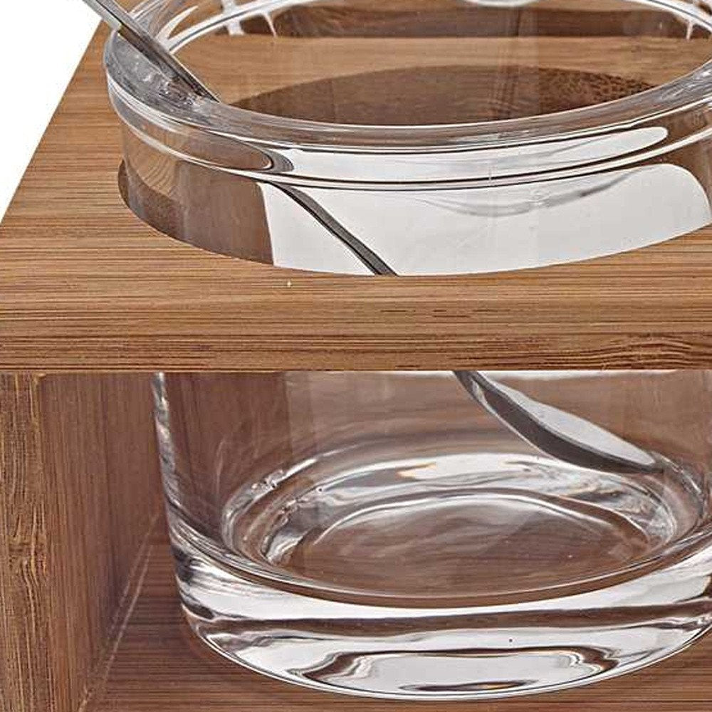 Juego de 6 mermeladas de cristal soplado con 3 frascos de vidrio y cucharas en un soporte de madera