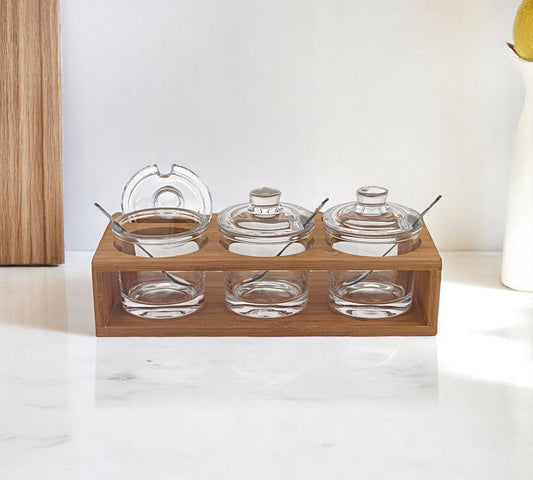 Juego de 6 mermeladas de cristal soplado con 3 frascos de vidrio y cucharas en un soporte de madera