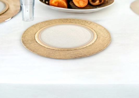 Plato base redondo de vidrio transparente y dorado de 13" hecho a mano