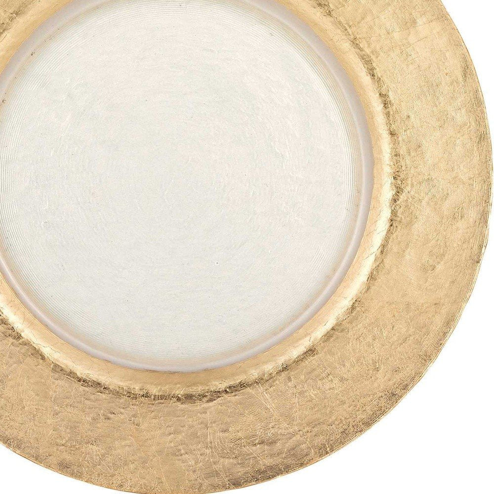 Plato base redondo de vidrio transparente y dorado de 13" hecho a mano