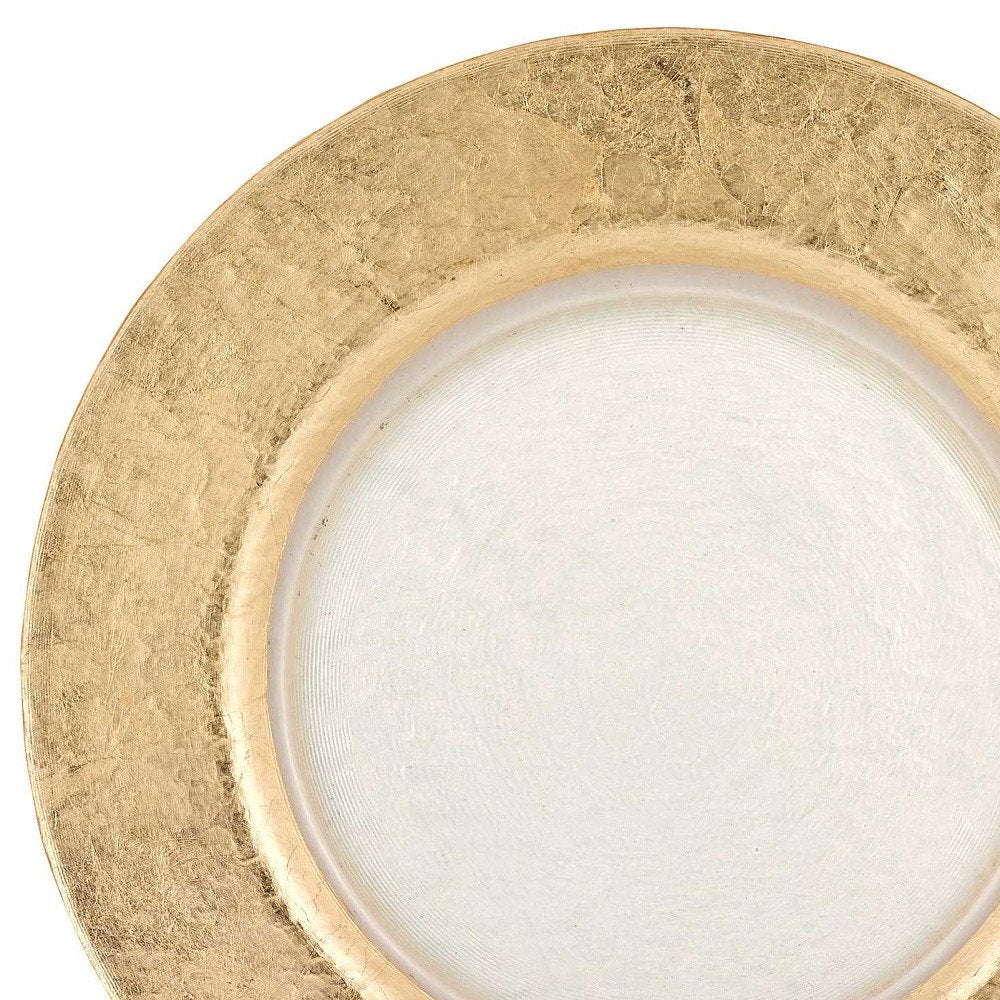Plato base redondo de vidrio transparente y dorado de 13" hecho a mano