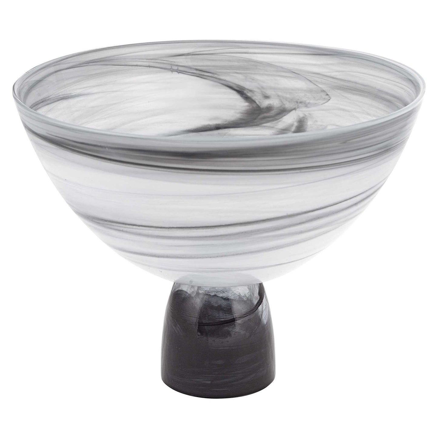 Cuenco central de vidrio soplado con base de 10" con remolino negro y gris