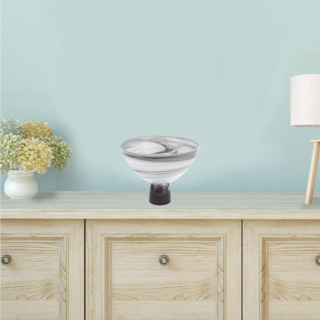 Cuenco central de vidrio soplado con base de 10" con remolino negro y gris