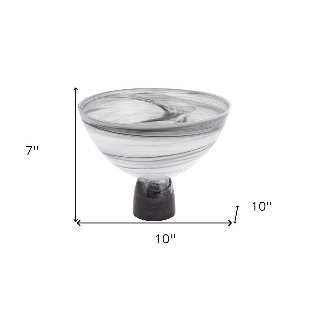 Cuenco central de vidrio soplado con base de 10" con remolino negro y gris