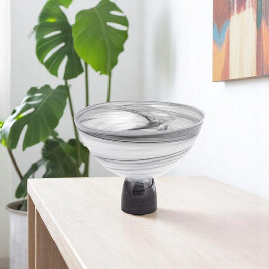 Cuenco central de vidrio soplado con base de 10" con remolino negro y gris