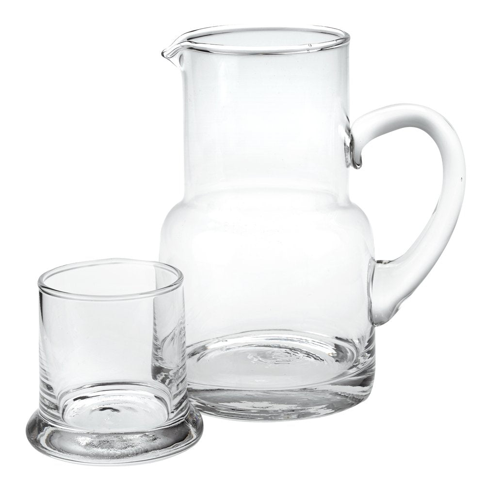 Juego de dos jarras sin tallo y vaso para beber de cristal transparente
