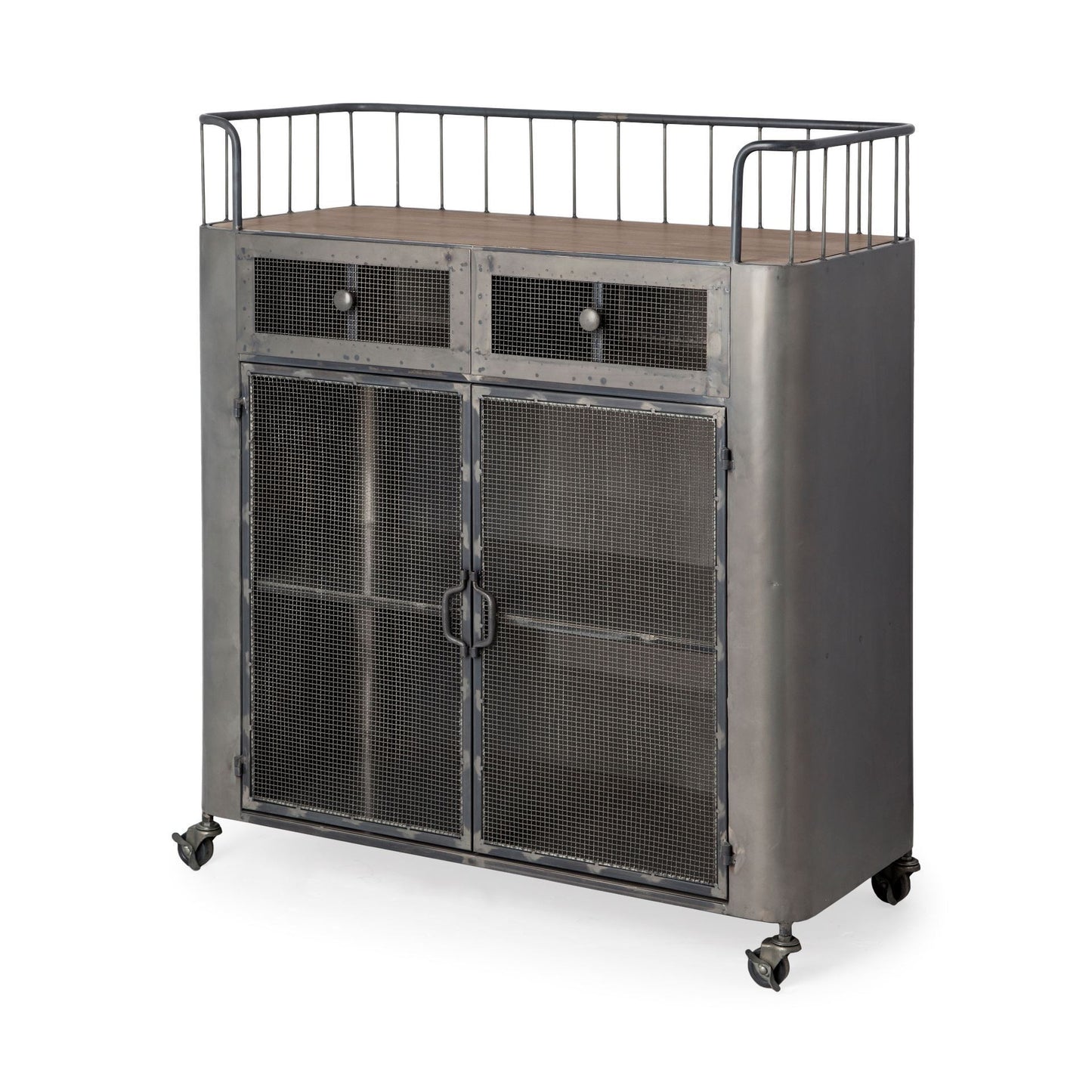 Carrito de bar con ruedas de 35" de acero gris, metal y madera