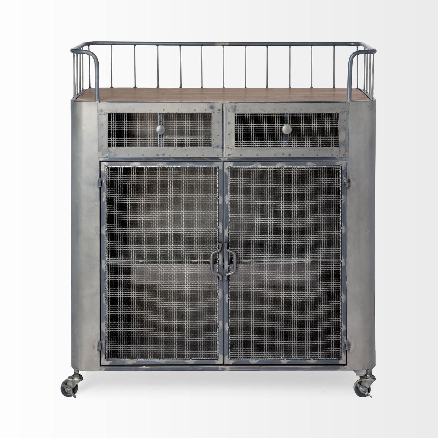 Carrito de bar con ruedas de 35" de acero gris, metal y madera