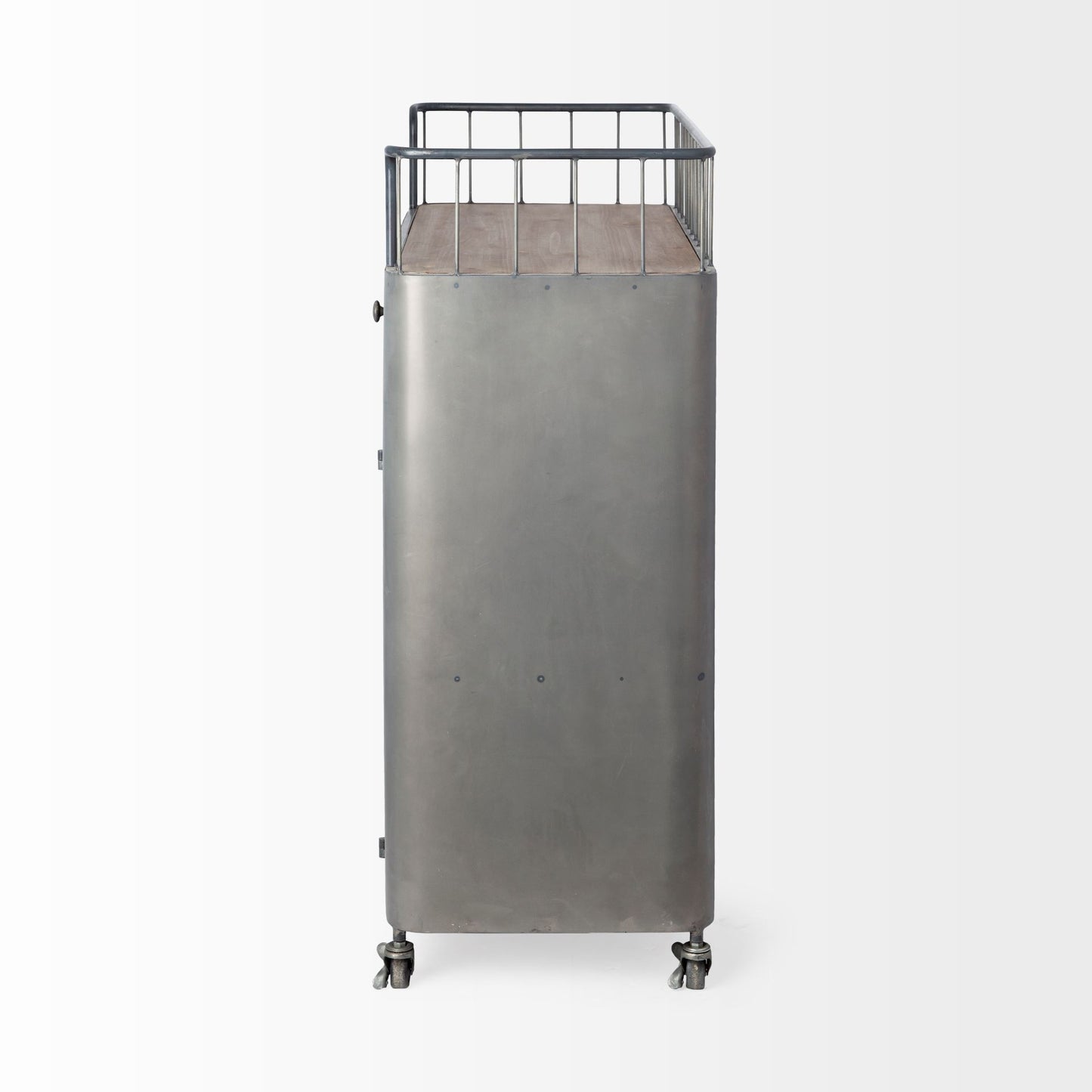 Carrito de bar con ruedas de 35" de acero gris, metal y madera