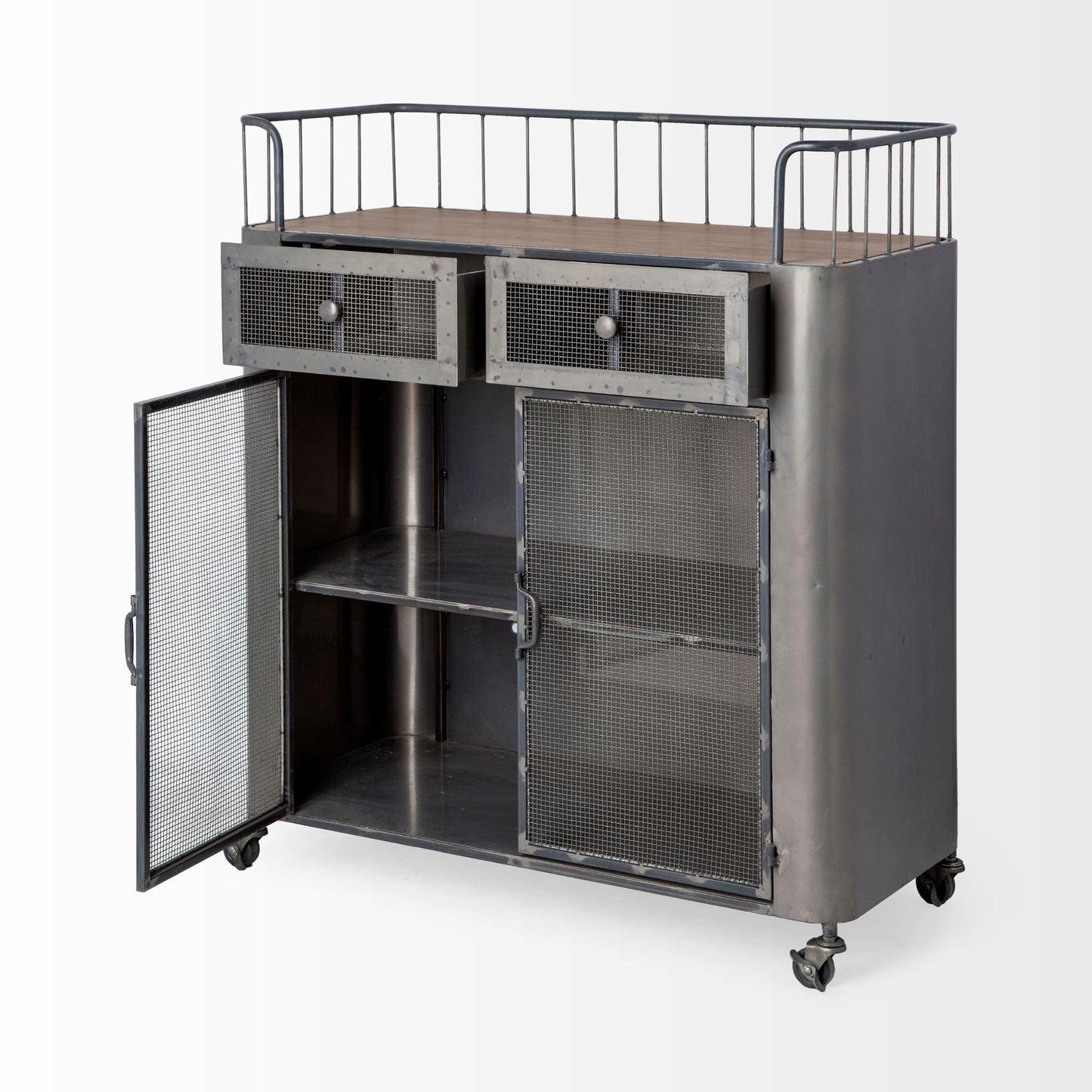Carrito de bar con ruedas de 35" de acero gris, metal y madera