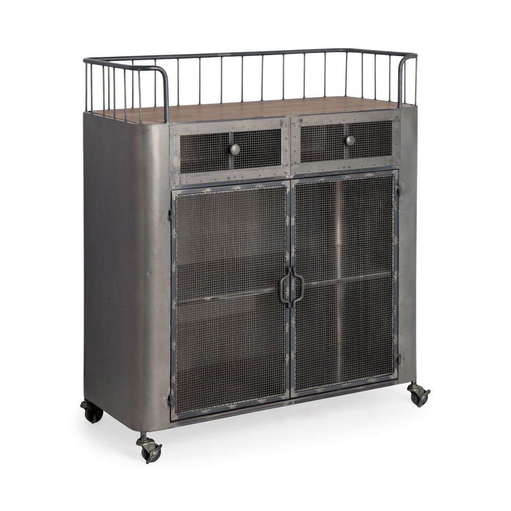 Carrito de bar con ruedas de 35" de acero gris, metal y madera