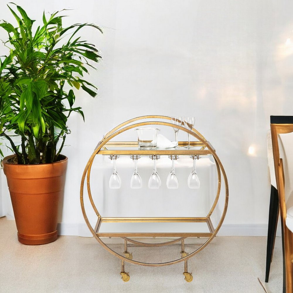Carrito de cocina redondo con ruedas y almacenamiento, dorado, de 36"