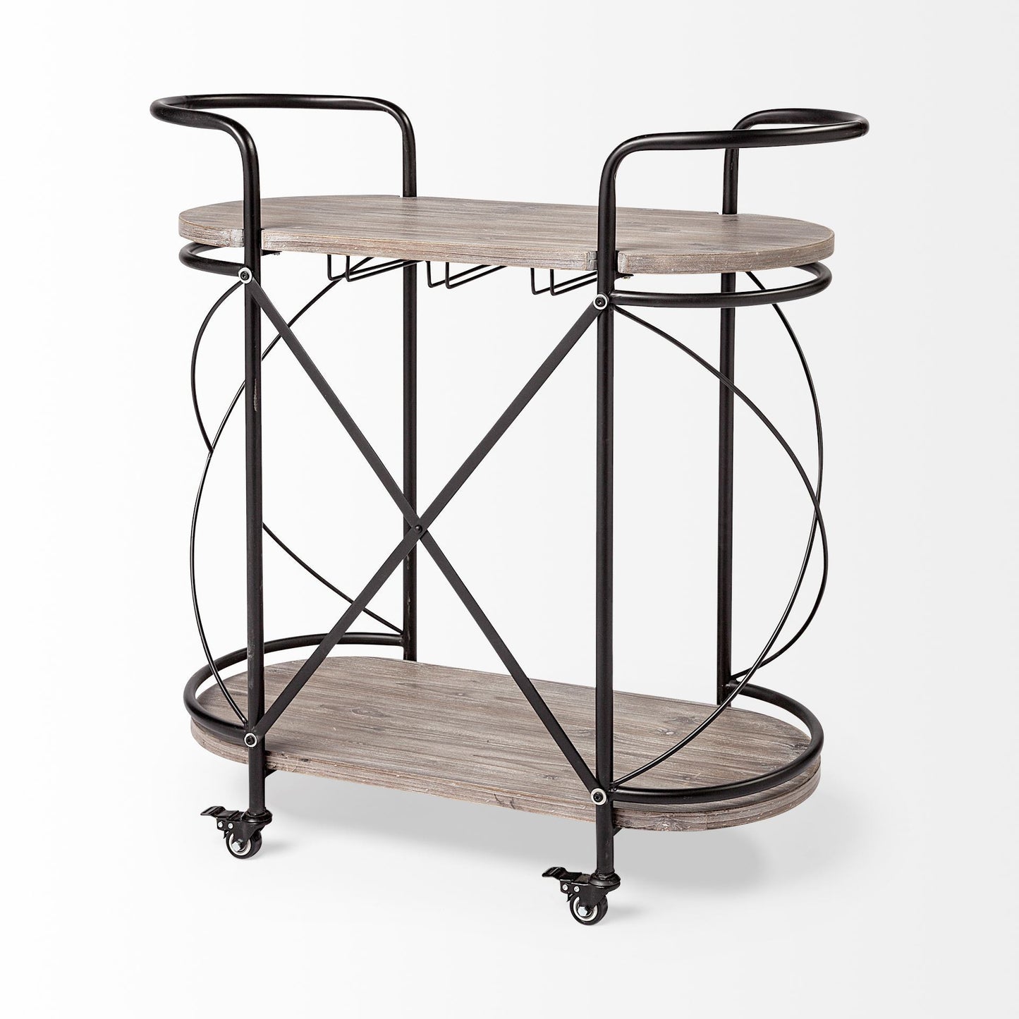 Carrito de bar Cyclider de metal negro con dos estantes de madera