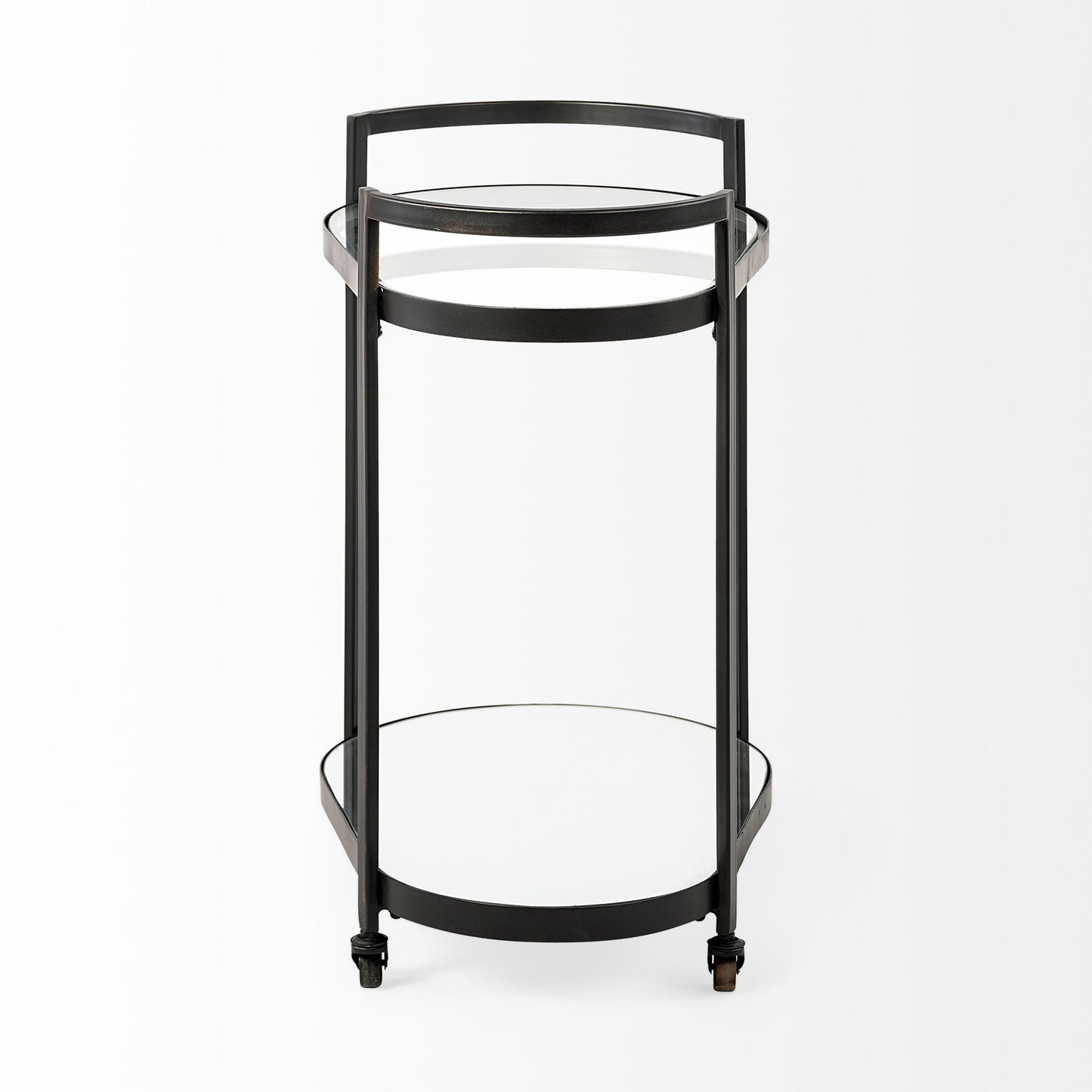 Carrito de bar Cyclider de metal negro con dos estantes de cristal espejado