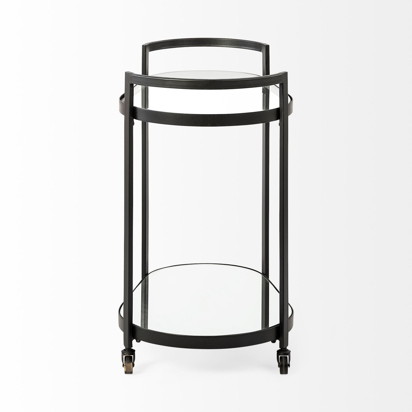 Carrito de bar Cyclider de metal negro con dos estantes de cristal espejado