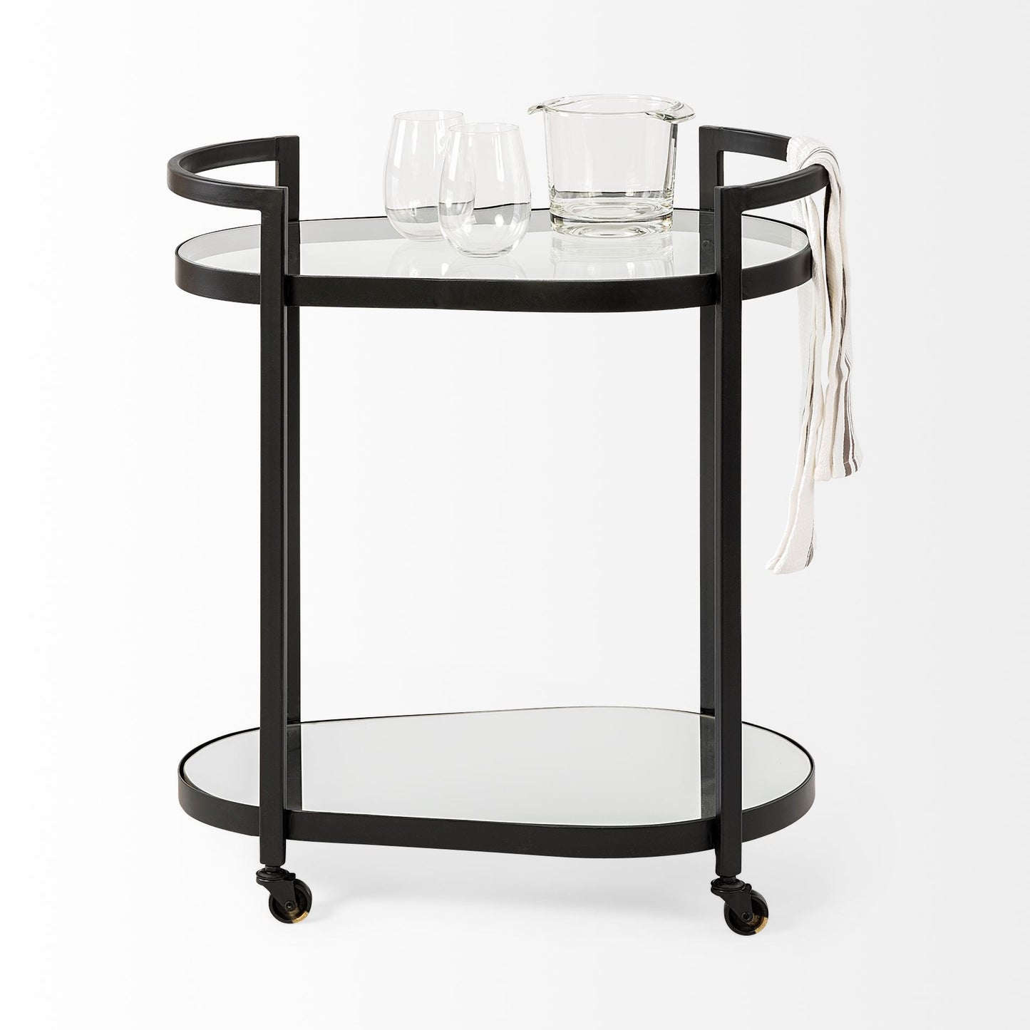 Carrito de bar Cyclider de metal negro con dos estantes de cristal espejado