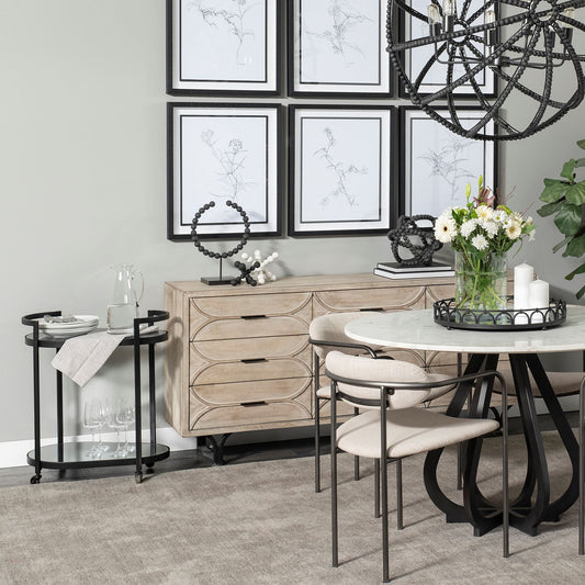 Cyclider Black Metal with Two Mirror Glass Shelves Bar Cart
