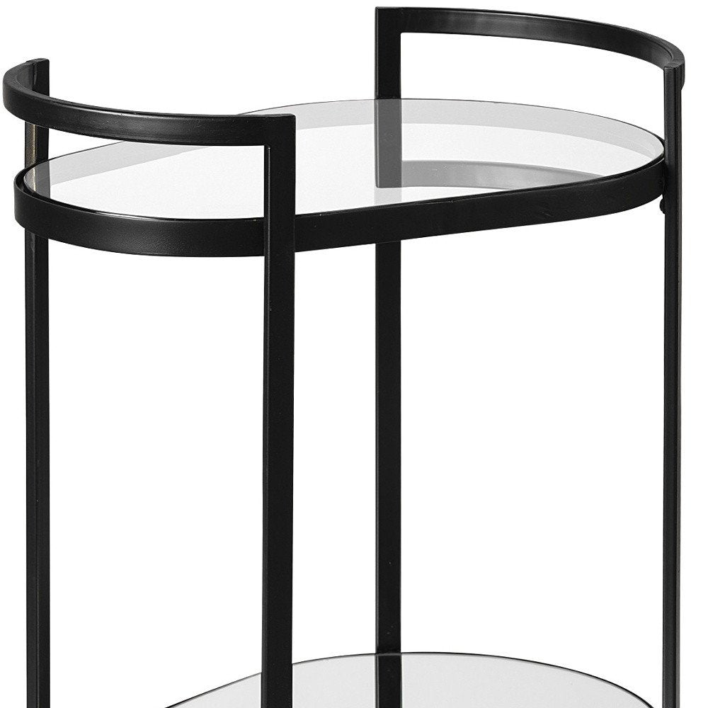 Carrito de bar Cyclider de metal negro con dos estantes de cristal espejado