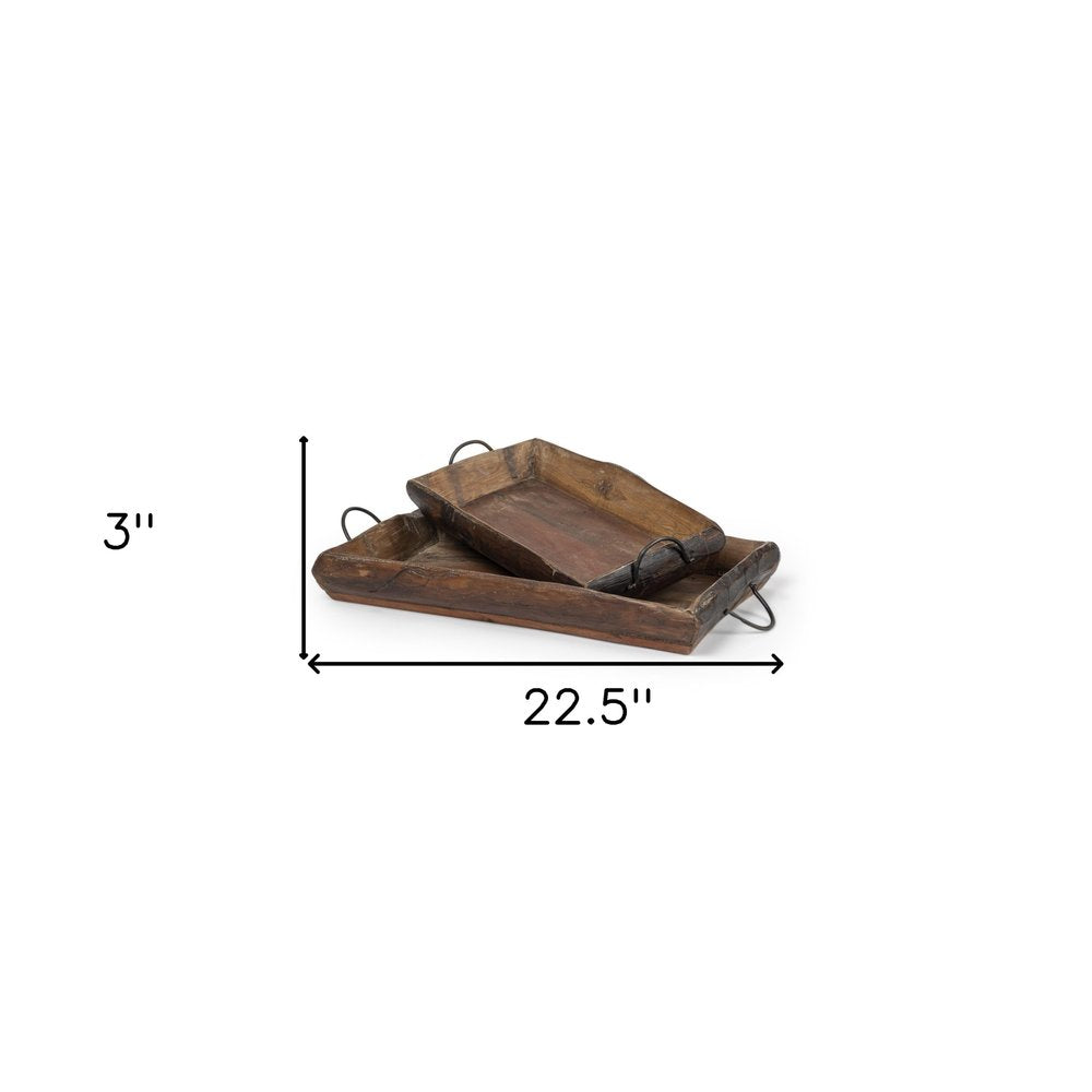 Juego de dos bandejas rectangulares de madera marrón para servir en interiores y exteriores con asas