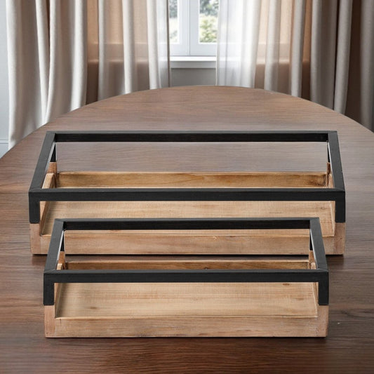 Juego de dos bandejas de madera marrón para interior y exterior con asas