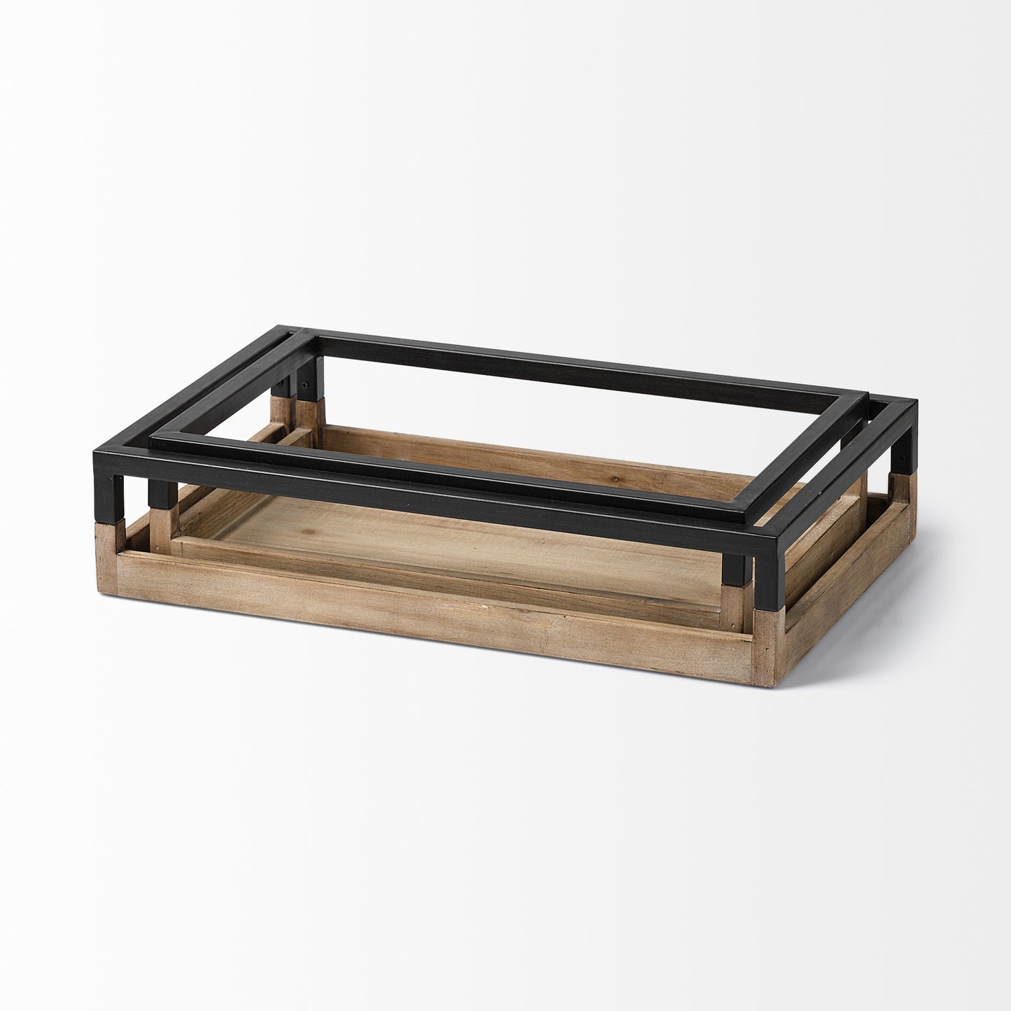 Juego de dos bandejas de madera marrón para interior y exterior con asas
