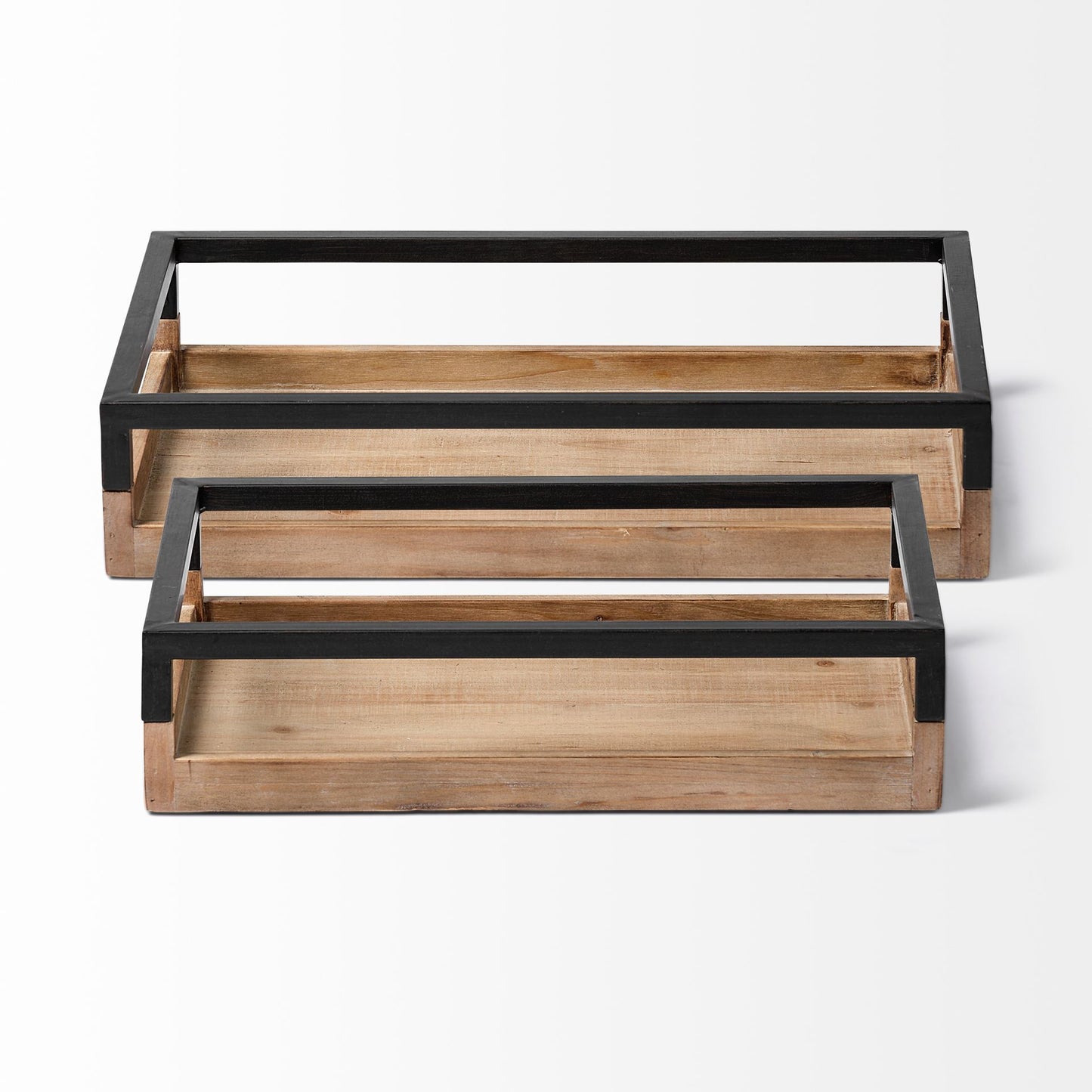 Juego de dos bandejas de madera marrón para interior y exterior con asas