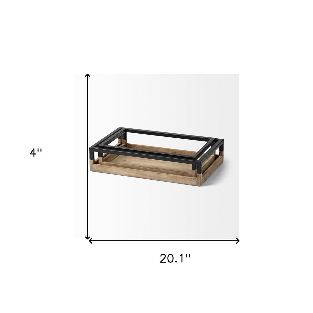 Juego de dos bandejas de madera marrón para interior y exterior con asas