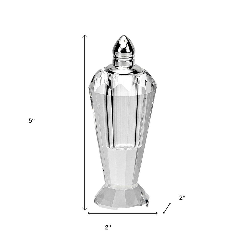 Juego de dos pimenteros geométricos de cristal transparente y plateado