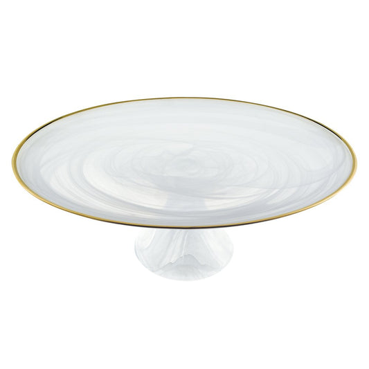 Expositor para tartas de cristal óptico y oro blanco hecho a mano con borde dorado