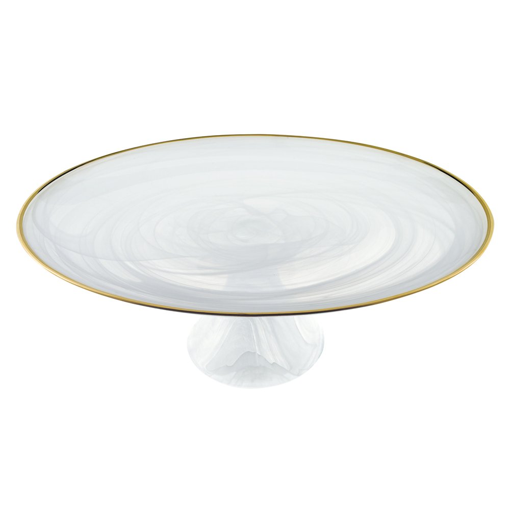 Expositor para tartas de cristal óptico y oro blanco hecho a mano con borde dorado