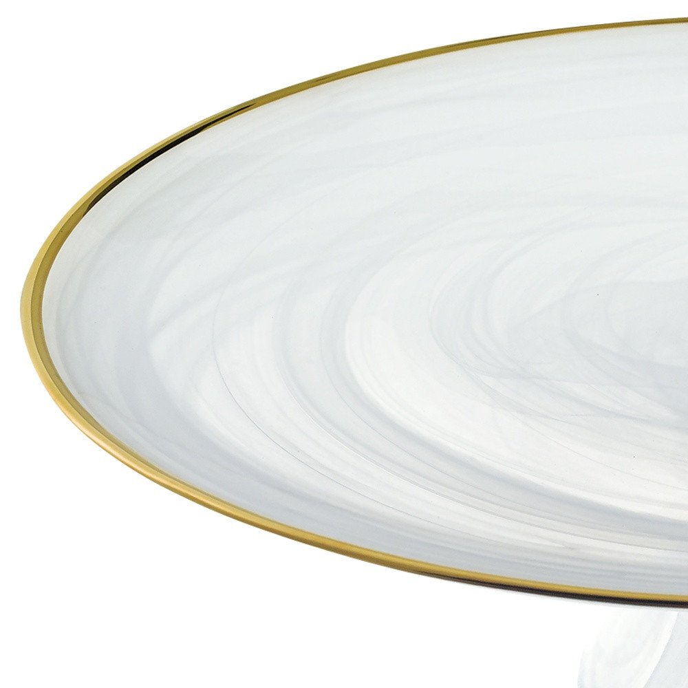 Expositor para tartas de cristal óptico y oro blanco hecho a mano con borde dorado