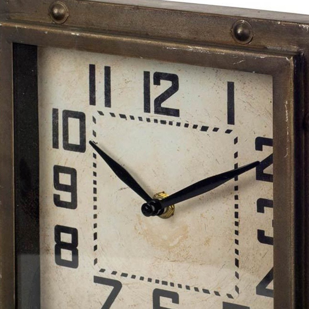 Square Bronze Toned Metal Desk Table Clock With Traditional Black Numbers And Hands