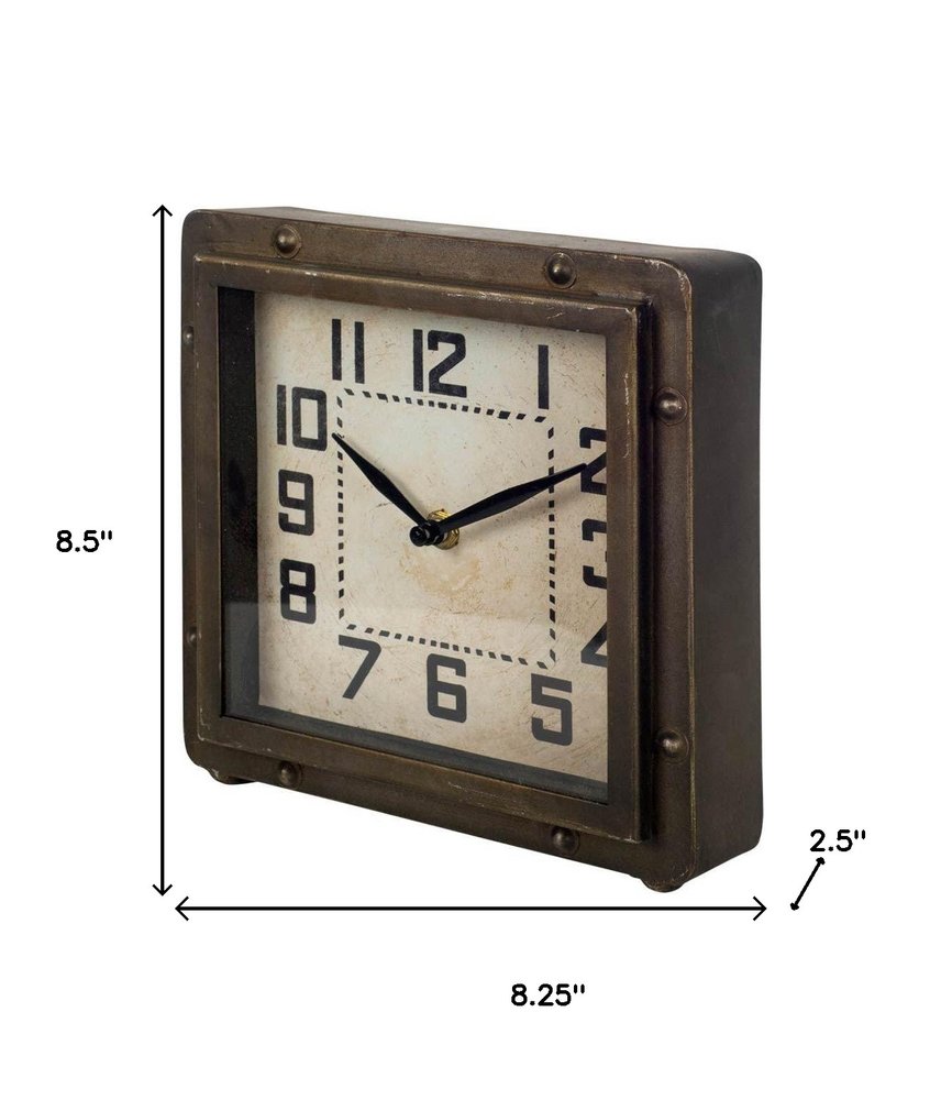 Square Bronze Toned Metal Desk Table Clock With Traditional Black Numbers And Hands