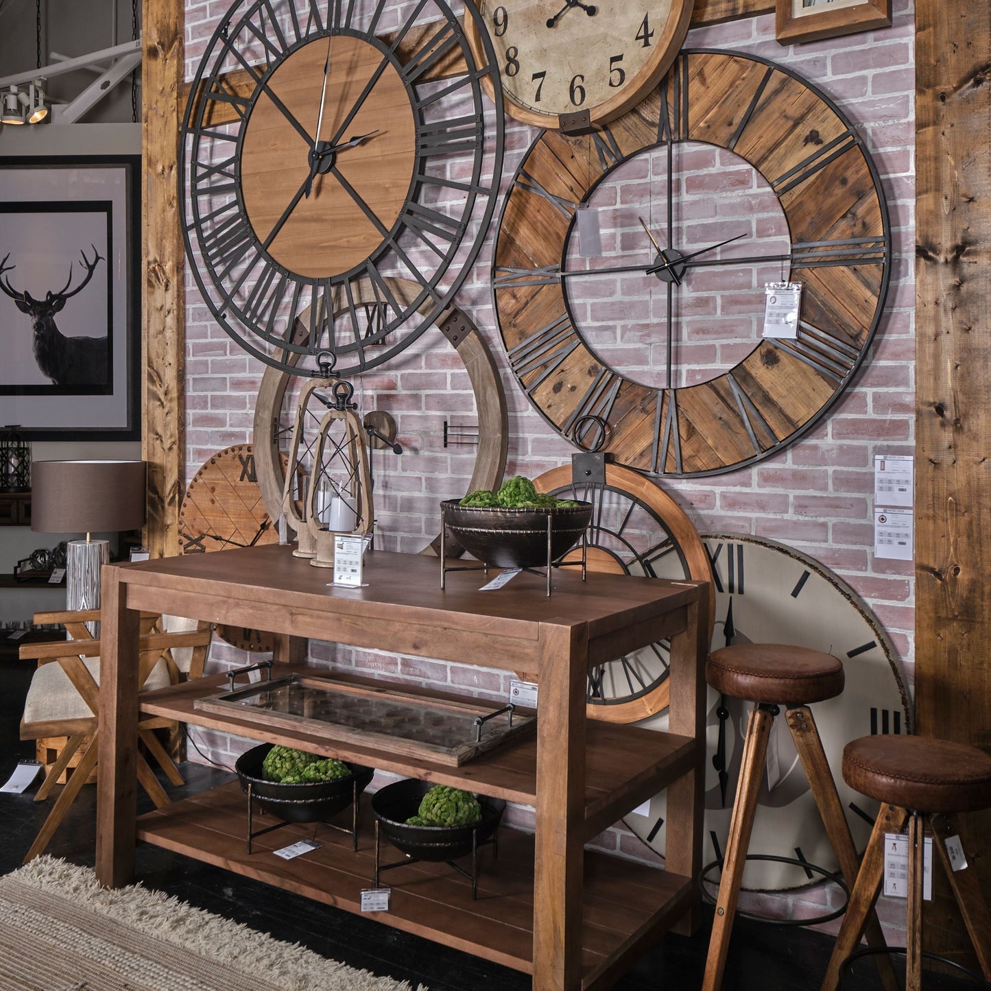 59" Black And Brown Metal and Solid Wood Skeleton Circle Wall Clock