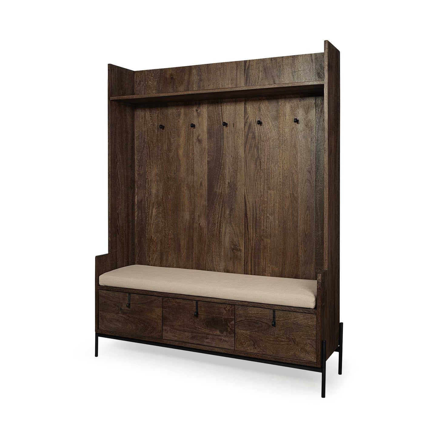 Perchero de madera color marrón crema con asiento forrado en tela y almacenamiento