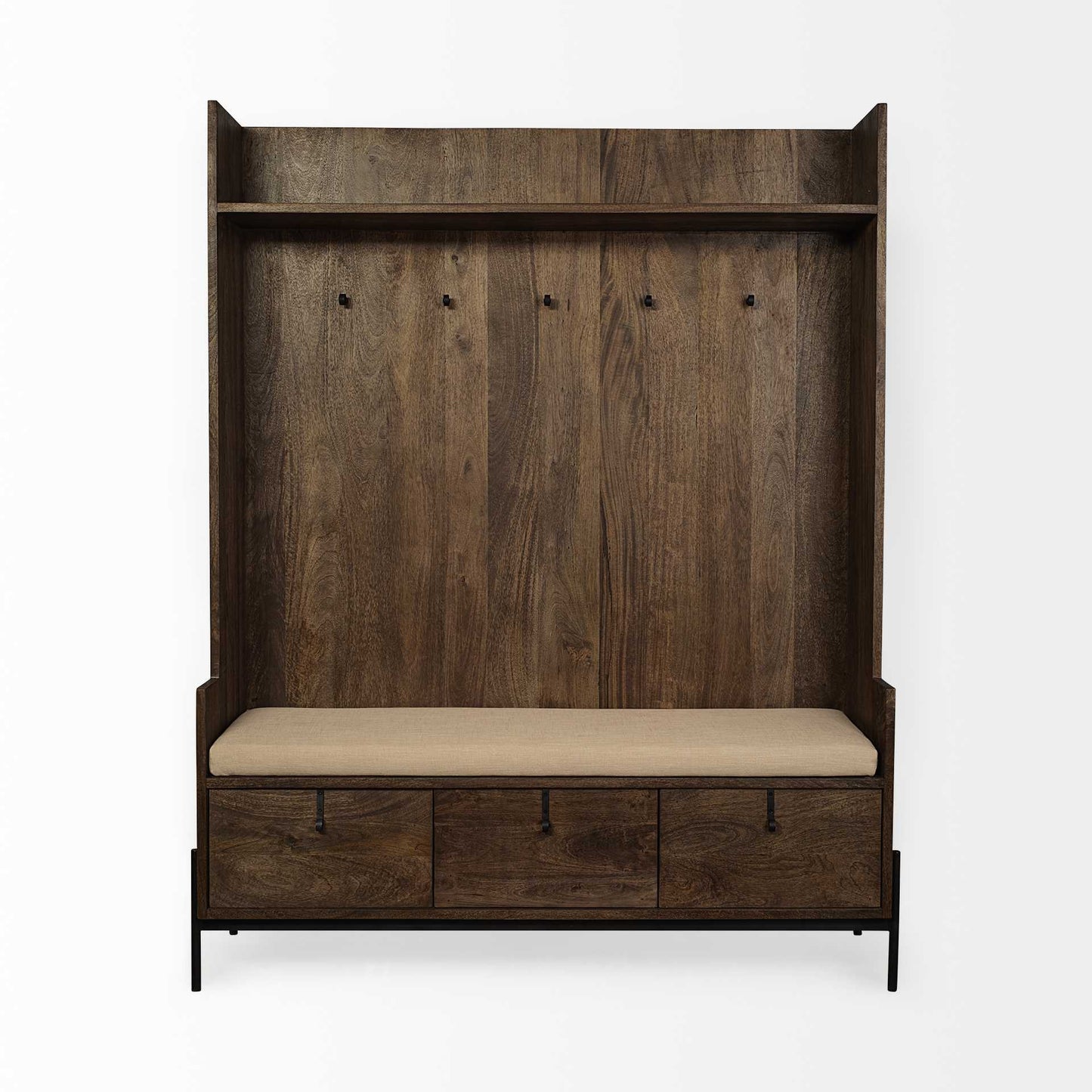 Perchero de madera color marrón crema con asiento forrado en tela y almacenamiento