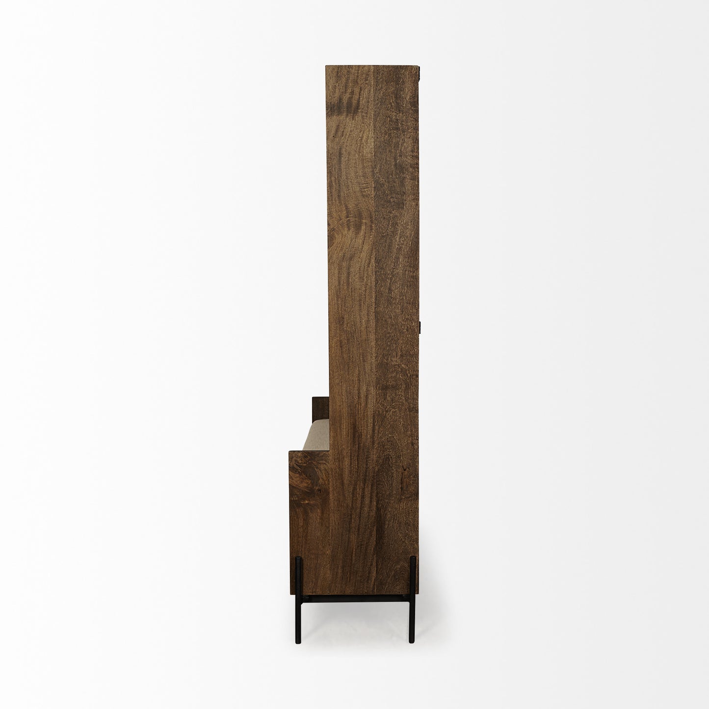 Perchero de madera color marrón crema con asiento forrado en tela y almacenamiento
