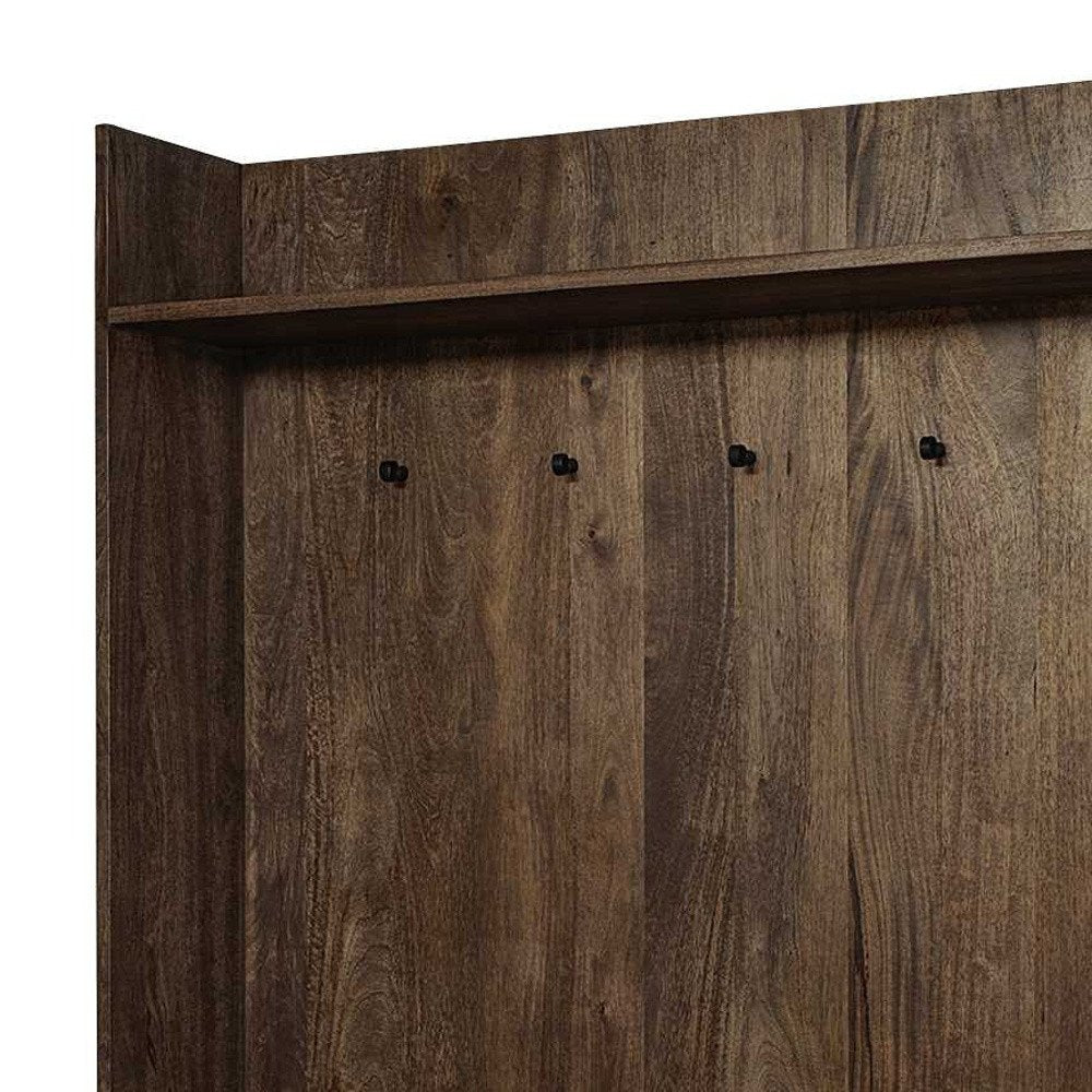 Perchero de madera color marrón crema con asiento forrado en tela y almacenamiento