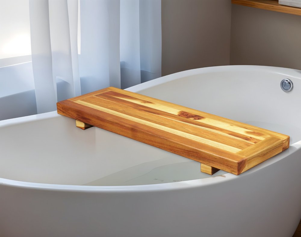 Bandeja y asiento de baño de madera de teca natural de 29"