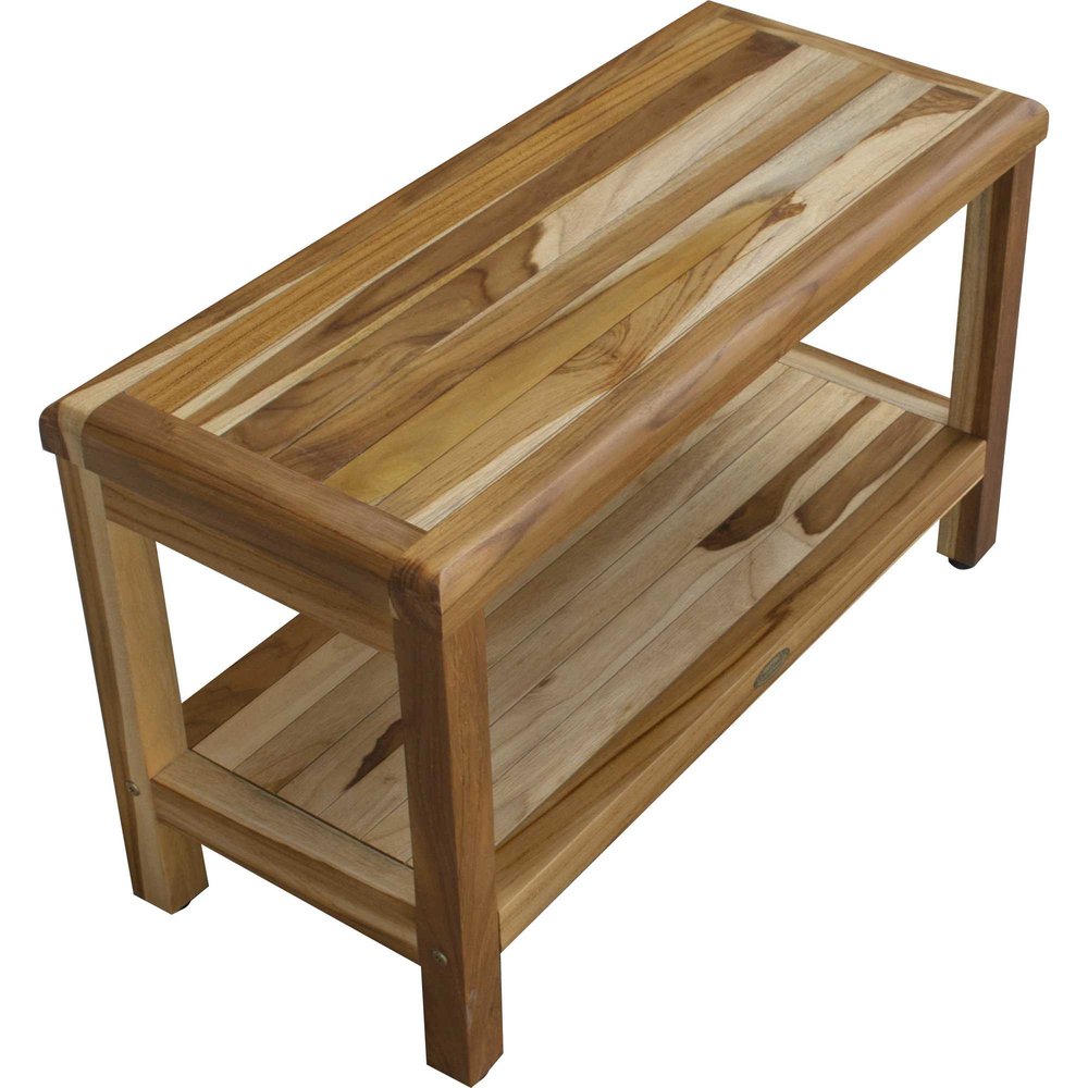 Banco de ducha rectangular de teca con estante en acabado natural