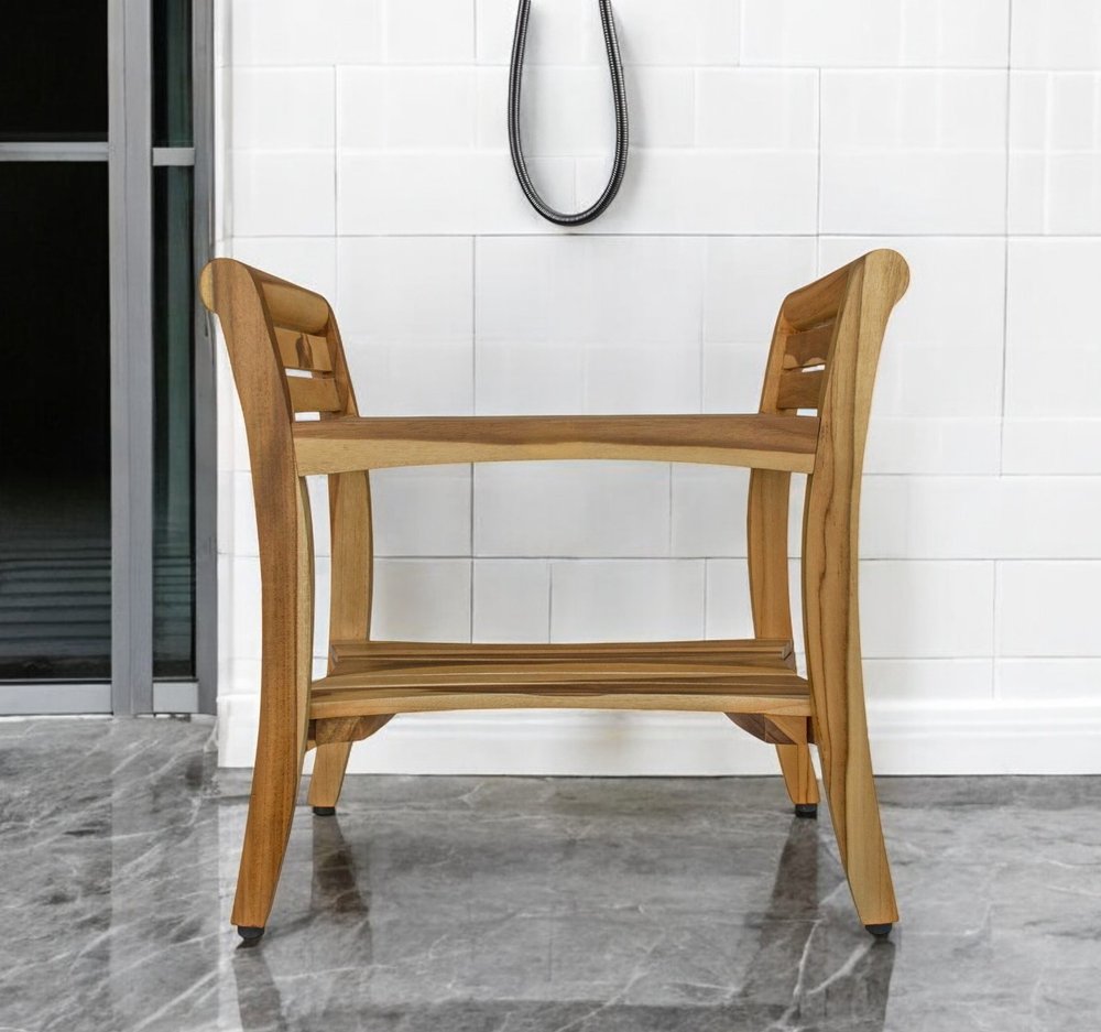 Banco de ducha de teca maciza natural de 24" con asas